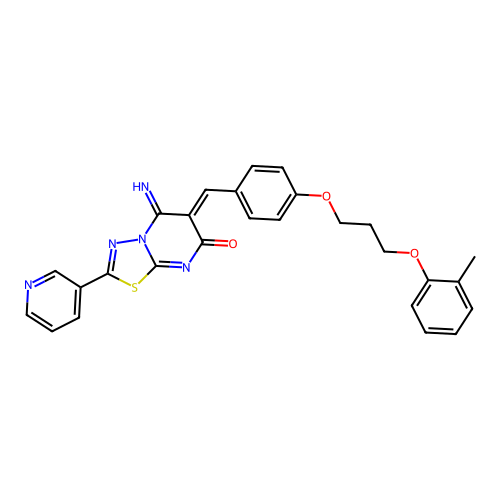 (6Z)-5-imino-6-[[4-[3-(2-methylphenoxy)propoxy]phenyl]methylidene]-2-pyridin-3-yl-[1,3,4]thiadiazolo[3,2-a]pyrimidin-7-one structure