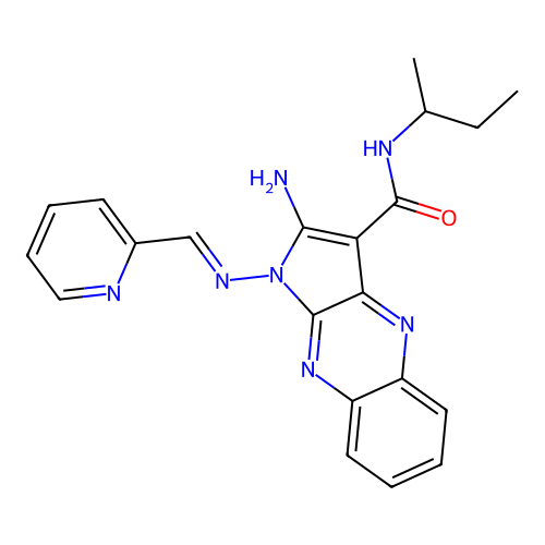 (E)-2-amino-N-(sec-butyl)-1-((pyridin-2-ylmethylene)amino)-1H-pyrrolo[2,3-b]quinoxaline-3-carboxamide structure