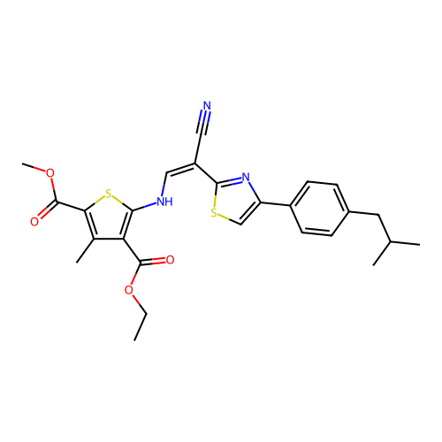 (Z)-4-ethyl 2-methyl 5-((2-cyano-2-(4-(4-isobutylphenyl)thiazol-2-yl)vinyl)amino)-3-methylthiophene-2,4-dicarboxylate structure