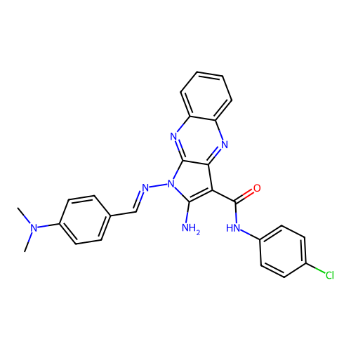 (E)-2-amino-N-(4-chlorophenyl)-1-((4-(dimethylamino)benzylidene)amino)-1H-pyrrolo[2,3-b]quinoxaline-3-carboxamide structure