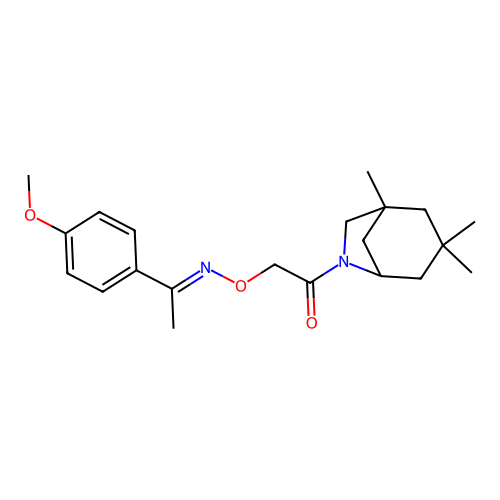 (E)-2-(((1-(4-methoxyphenyl)ethylidene)amino)oxy)-1-(1,3,3-trimethyl-6-azabicyclo[3.2.1]octan-6-yl)ethanone structure