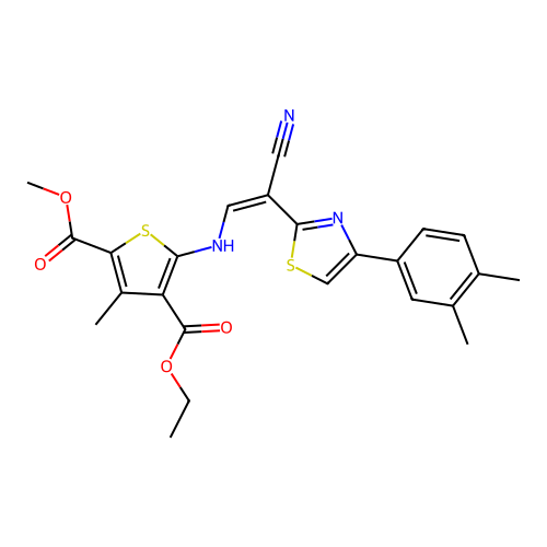 (Z)-4-ethyl 2-methyl 5-((2-cyano-2-(4-(3,4-dimethylphenyl)thiazol-2-yl)vinyl)amino)-3-methylthiophene-2,4-dicarboxylate structure