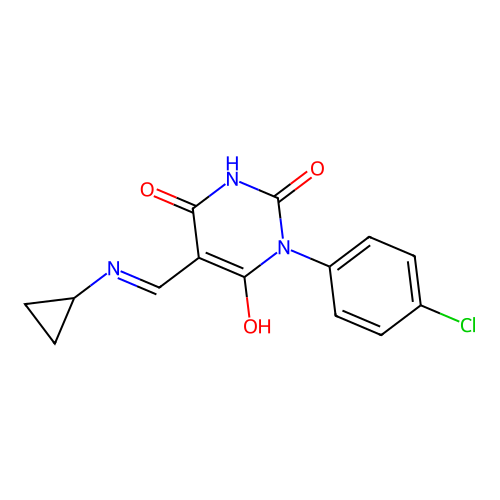 1-(4-chlorophenyl)-5-[(cyclopropylamino)methylidene]-1,3-diazinane-2,4,6-trione structure