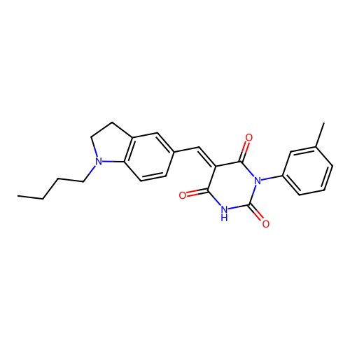 (E)-5-((1-butylindolin-5-yl)methylene)-1-(m-tolyl)pyrimidine-2,4,6(1H,3H,5H)-trione structure
