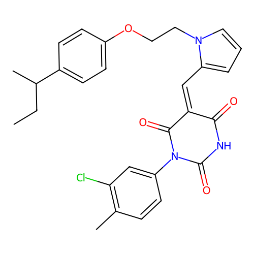(5E)-5-[(1-{2-[4-(butan-2-yl)phenoxy]ethyl}-1H-pyrrol-2-yl)methylidene]-3-(3-chloro-4-methylphenyl)-6-hydroxypyrimidine-2,4(3H,5H)-dione structure