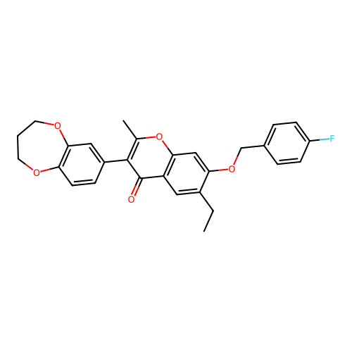 3-(2H,3H,4H-benzo[b]1,4-dioxepan-7-yl)-6-ethyl-7-[(4-fluorophenyl)methoxy]-2-m ethylchromen-4-one structure