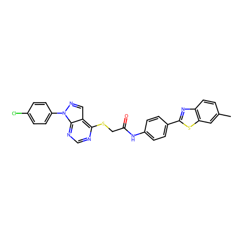 2-((1-(4-chlorophenyl)-1H-pyrazolo[3,4-d]pyrimidin-4-yl)thio)-N-(4-(6-methylbenzo[d]thiazol-2-yl)phenyl)acetamide structure