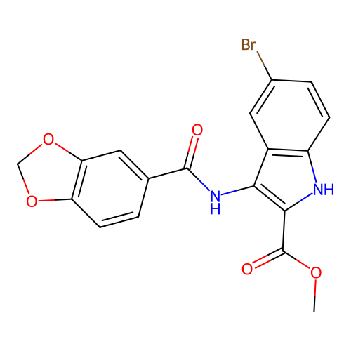 methyl 3-[(1,3-benzodioxol-5-ylcarbonyl)amino]-5-bromo-1H-indole-2-carboxylate structure