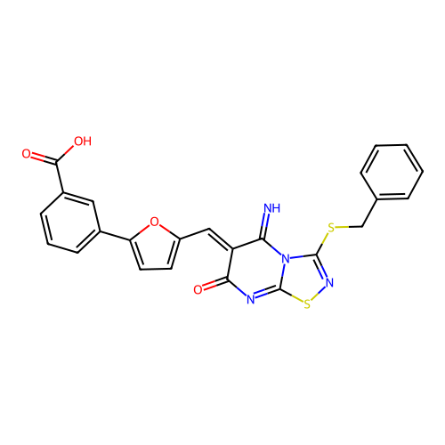 3-(5-{(Z)-[3-(benzylsulfanyl)-5-imino-7-oxo-5H-[1,2,4]thiadiazolo[4,5-a]pyrimidin-6(7H)-ylidene]methyl}furan-2-yl)benzoic acid structure