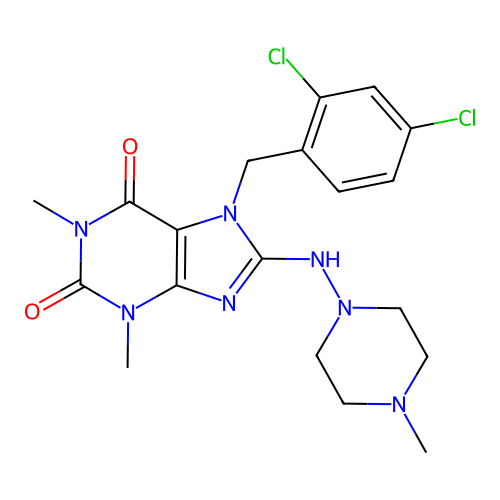 7-[(2,4-dichlorophenyl)methyl]-1,3-dimethyl-8-[(4-methylpiperazin-1-yl)amino]purine-2,6-dione structure