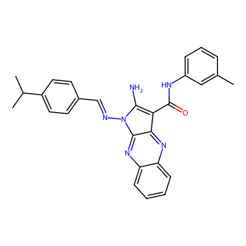 (E)-2-amino-1-((4-isopropylbenzylidene)amino)-N-(m-tolyl)-1H-pyrrolo[2,3-b]quinoxaline-3-carboxamide structure