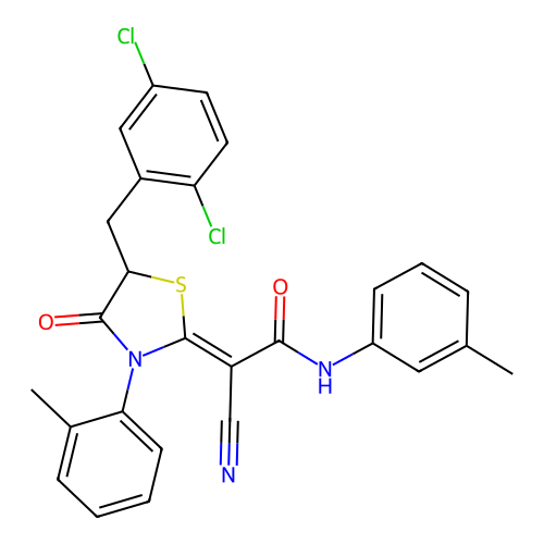 (2Z)-2-cyano-2-[5-(2,5-dichlorobenzyl)-3-(2-methylphenyl)-4-oxo-1,3-thiazolidin-2-ylidene]-N-(3-methylphenyl)ethanamide structure