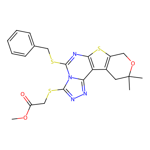 methyl {[5-(benzylsulfanyl)-10,10-dimethyl-10,11-dihydro-8H-pyrano[4',3':4,5]thieno[3,2-e][1,2,4]triazolo[4,3-c]pyrimidin-3-yl]sulfanyl}acetate structure