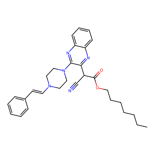 heptyl cyano(3-{4-[(E)-2-phenylethenyl]piperazin-1-yl}quinoxalin-2-yl)acetate structure