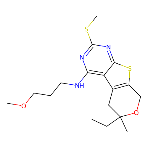 6-ethyl-N-(3-methoxypropyl)-6-methyl-2-(methylsulfanyl)-5,8-dihydro-6H-pyrano[4',3':4,5]thieno[2,3-d]pyrimidin-4-amine structure