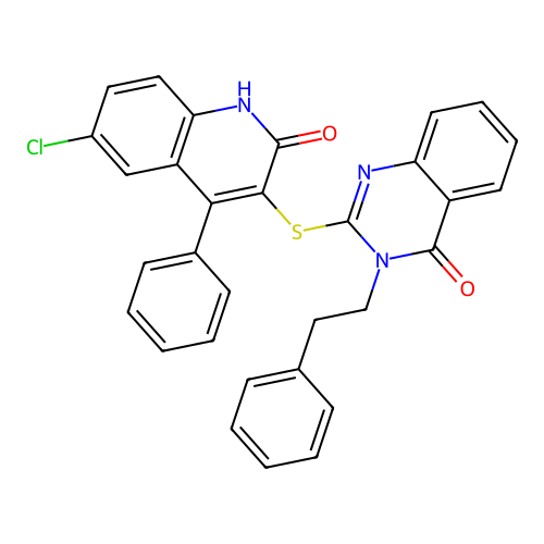 2-[(6-chloro-2-oxo-4-phenyl-1,2-dihydroquinolin-3-yl)sulfanyl]-3-(2-phenylethyl)quinazolin-4(3H)-one structure