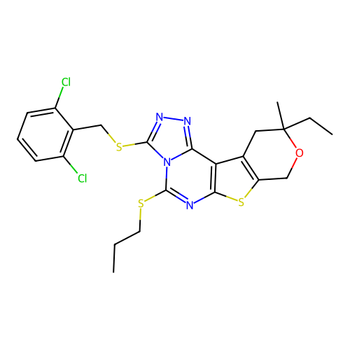 3-((2,6-dichlorobenzyl)thio)-10-ethyl-10-methyl-5-(propylthio)-10,11-dihydro-8H-pyrano[4',3':4,5]thieno[3,2-e][1,2,4]triazolo[4,3-c]pyrimidine structure