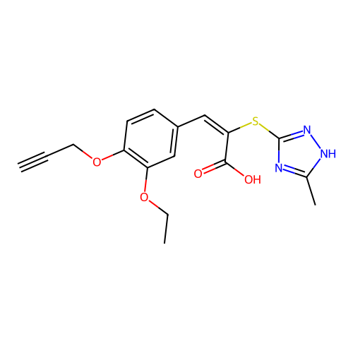 (2E)-3-[3-ethoxy-4-(prop-2-yn-1-yloxy)phenyl]-2-[(3-methyl-1H-1,2,4-triazol-4-ium-5-yl)sulfanyl]prop-2-enoate structure