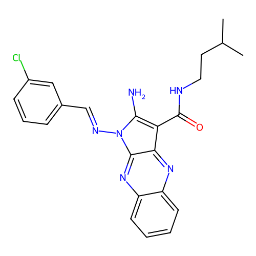 (E)-2-amino-1-((3-chlorobenzylidene)amino)-N-isopentyl-1H-pyrrolo[2,3-b]quinoxaline-3-carboxamide structure