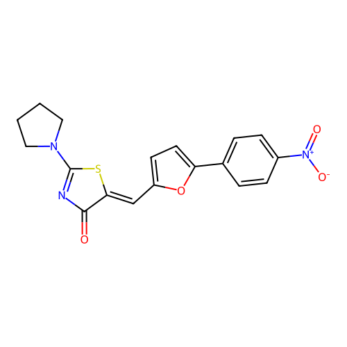 (Z)-5-((5-(4-nitrophenyl)furan-2-yl)methylene)-2-(pyrrolidin-1-yl)thiazol-4(5H)-one structure