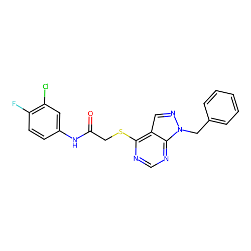 2-((1-benzyl-1H-pyrazolo[3,4-d]pyrimidin-4-yl)thio)-N-(3-chloro-4-fluorophenyl)acetamide structure