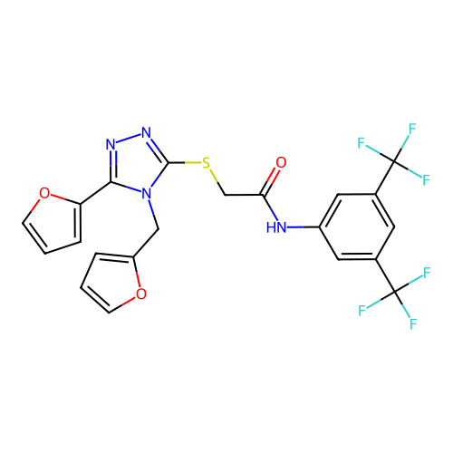 N-(3,5-bis(trifluoromethyl)phenyl)-2-((5-(furan-2-yl)-4-(furan-2-ylmethyl)-4H-1,2,4-triazol-3-yl)thio)acetamide structure