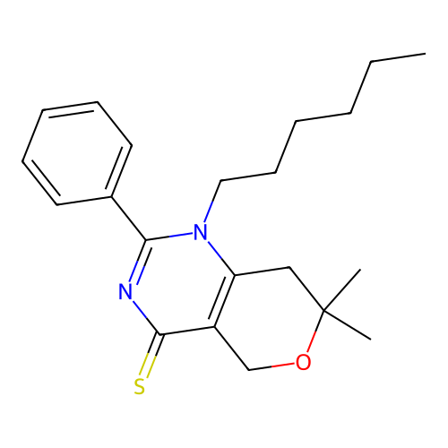 1-hexyl-7,7-dimethyl-2-phenyl-5,8-dihydropyrano[4,3-d]pyrimidine-4-thione structure