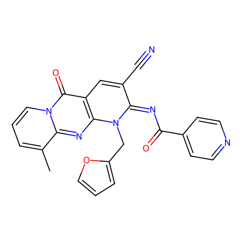 (E)-N-(3-cyano-1-(furan-2-ylmethyl)-10-methyl-5-oxo-1H-dipyrido[1,2-a:2',3'-d]pyrimidin-2(5H)-ylidene)isonicotinamide structure