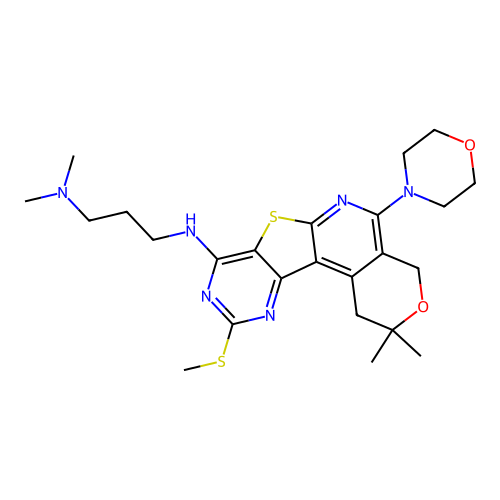 N'-[2,2-dimethyl-10-(methylsulfanyl)-5-(morpholin-4-yl)-1,4-dihydro-2H-pyrano[4'',3'':4',5']pyrido[3',2':4,5]thieno[3,2-d]pyrimidin-8-yl]-N,N-dimethylpropane-1,3-diamine structure