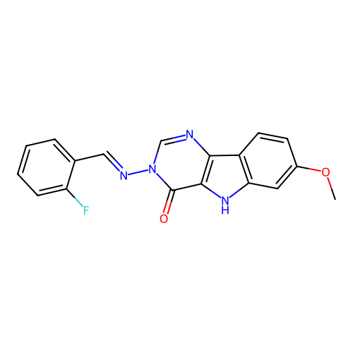 (E)-3-((2-fluorobenzylidene)amino)-7-methoxy-3H-pyrimido[5,4-b]indol-4(5H)-one structure