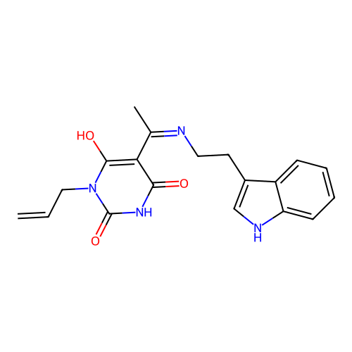 5-[1-[2-(1H-indol-3-yl)ethylamino]ethylidene]-1-prop-2-enyl-1,3-diazinane-2,4,6-trione structure
