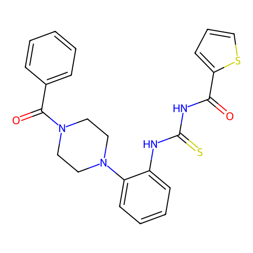 N-({2-[4-(phenylcarbonyl)piperazin-1-yl]phenyl}carbamothioyl)thiophene-2-carboxamide structure