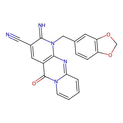 1-(1,3-benzodioxol-5-ylmethyl)-2-imino-5-oxo-1,5-dihydro-2H-dipyrido[1,2-a:2',3'-d]pyrimidine-3-carbonitrile structure