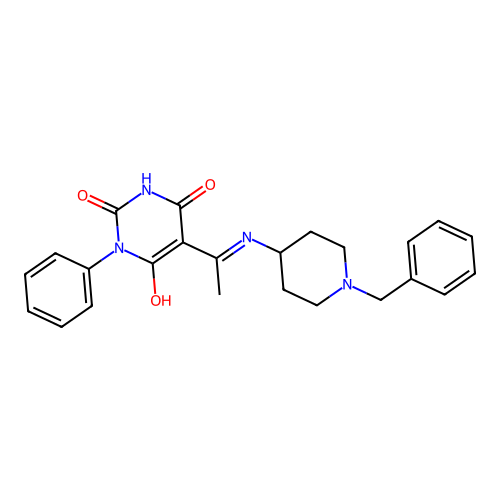 (5E)-5-[1-[(1-benzylpiperidin-4-yl)amino]ethylidene]-1-phenyl-1,3-diazinane-2,4,6-trione structure