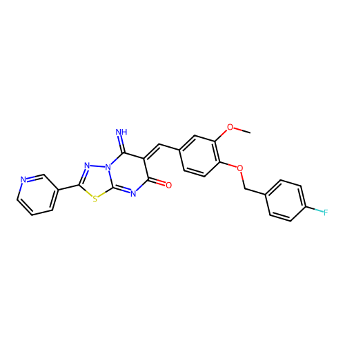 (6Z)-6-[[4-[(4-fluorophenyl)methoxy]-3-methoxyphenyl]methylidene]-5-imino-2-pyridin-3-yl-[1,3,4]thiadiazolo[3,2-a]pyrimidin-7-one structure