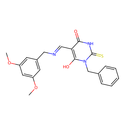 (Z)-1-benzyl-5-(((3,5-dimethoxybenzyl)amino)methylene)-2-thioxodihydropyrimidine-4,6(1H,5H)-dione structure