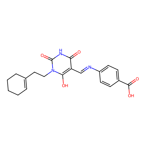 (Z)-4-(((1-(2-(cyclohex-1-en-1-yl)ethyl)-2,4,6-trioxotetrahydropyrimidin-5(2H)-ylidene)methyl)amino)benzoic acid structure