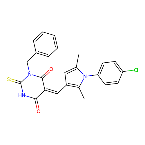 (5Z)-1-benzyl-5-[[1-(4-chlorophenyl)-2,5-dimethylpyrrol-3-yl]methylidene]-2-sulfanylidene-1,3-diazinane-4,6-dione structure