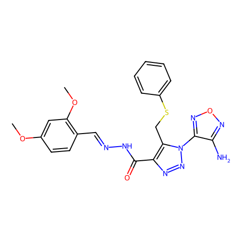 (E)-1-(4-amino-1,2,5-oxadiazol-3-yl)-N'-(2,4-dimethoxybenzylidene)-5-((phenylthio)methyl)-1H-1,2,3-triazole-4-carbohydrazide structure