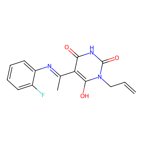 (5E)-5-[1-(2-fluoroanilino)ethylidene]-1-prop-2-enyl-1,3-diazinane-2,4,6-trione structure