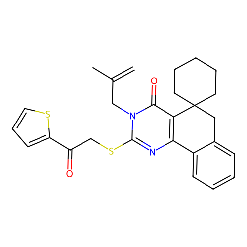 3-(2-methylallyl)-2-((2-oxo-2-(thiophen-2-yl)ethyl)thio)-3H-spiro[benzo[h]quinazoline-5,1'-cyclohexan]-4(6H)-one structure