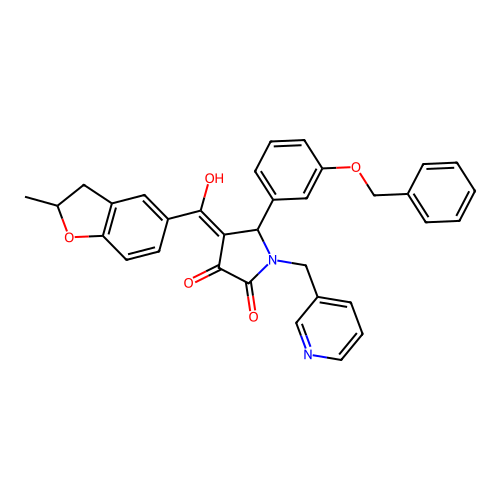 (4E)-4-[hydroxy-(2-methyl-2,3-dihydro-1-benzofuran-5-yl)methylidene]-5-(3-phenylmethoxyphenyl)-1-(pyridin-3-ylmethyl)pyrrolidine-2,3-dione structure