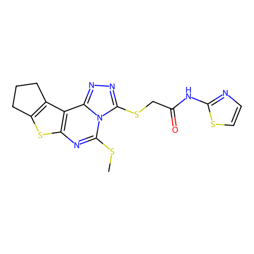 2-((5-(methylthio)-9,10-dihydro-8H-cyclopenta[4,5]thieno[3,2-e][1,2,4]triazolo[4,3-c]pyrimidin-3-yl)thio)-N-(thiazol-2-yl)acetamide structure