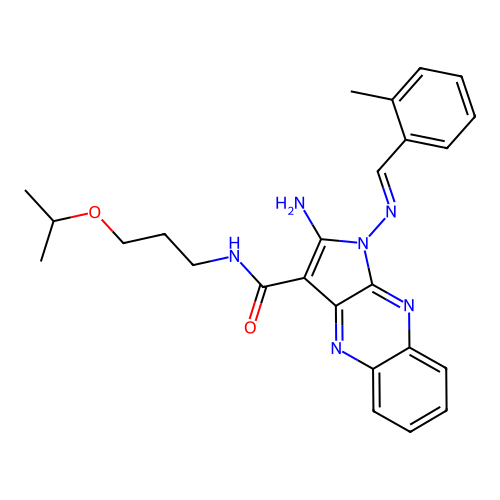(E)-2-amino-N-(3-isopropoxypropyl)-1-((2-methylbenzylidene)amino)-1H-pyrrolo[2,3-b]quinoxaline-3-carboxamide structure