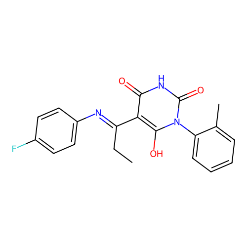 (5E)-5-[1-(4-fluoroanilino)propylidene]-1-(2-methylphenyl)-1,3-diazinane-2,4,6-trione structure