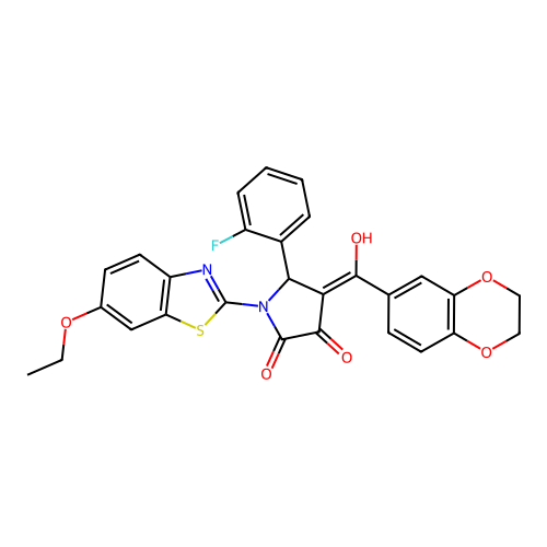 (4E)-4-[2,3-dihydro-1,4-benzodioxin-6-yl(hydroxy)methylidene]-1-(6-ethoxy-1,3-benzothiazol-2-yl)-5-(2-fluorophenyl)pyrrolidine-2,3-dione structure