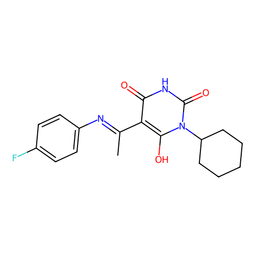 (Z)-1-cyclohexyl-5-(1-((4-fluorophenyl)amino)ethylidene)pyrimidine-2,4,6(1H,3H,5H)-trione structure