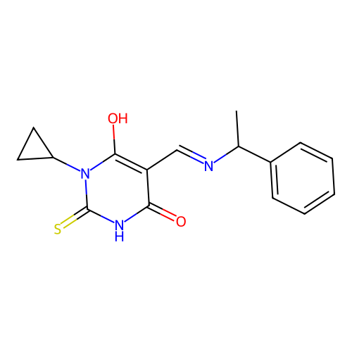 1-cyclopropyl-5-[(1-phenylethylamino)methylidene]-2-sulfanylidene-1,3-diazinane-4,6-dione structure