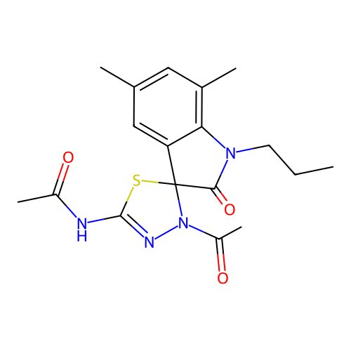 N-(3'-acetyl-5,7-dimethyl-2-oxo-1-propyl-1,2-dihydro-3'H-spiro[indole-3,2'-[1,3,4]thiadiazol]-5'-yl)acetamide structure