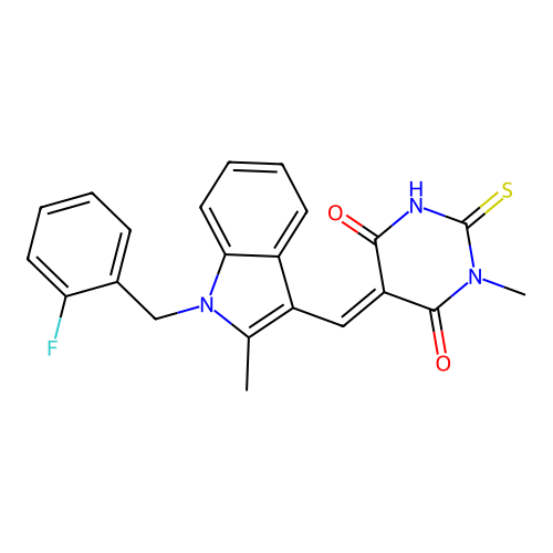 (5E)-5-({1-[(2-FLUOROPHENYL)METHYL]-2-METHYLINDOL-3-YL}METHYLIDENE)-1-METHYL-2-SULFANYLIDENE-1,3-DIAZINANE-4,6-DIONE structure